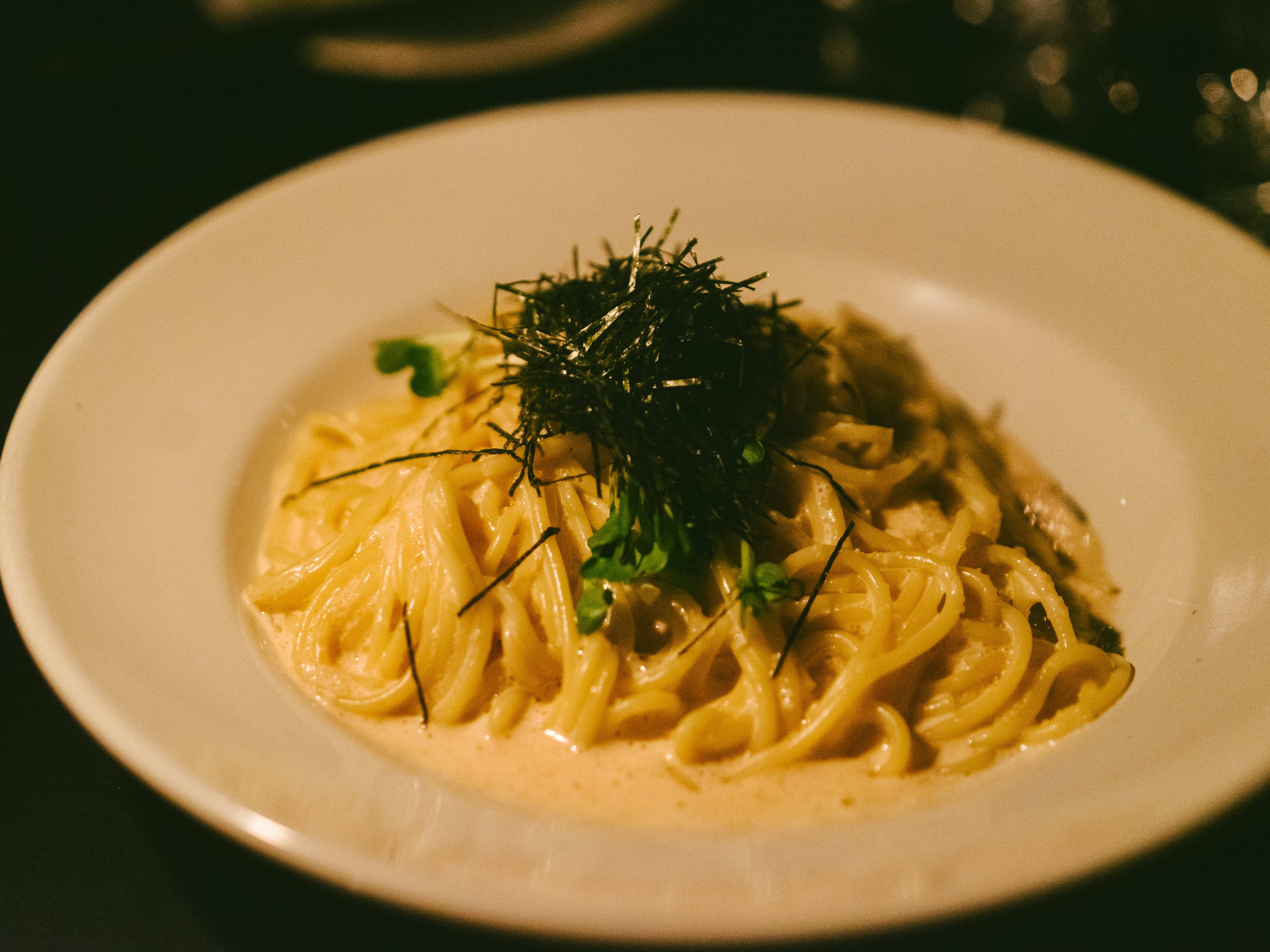 Cod roe cream spaghetti in a warm bowl