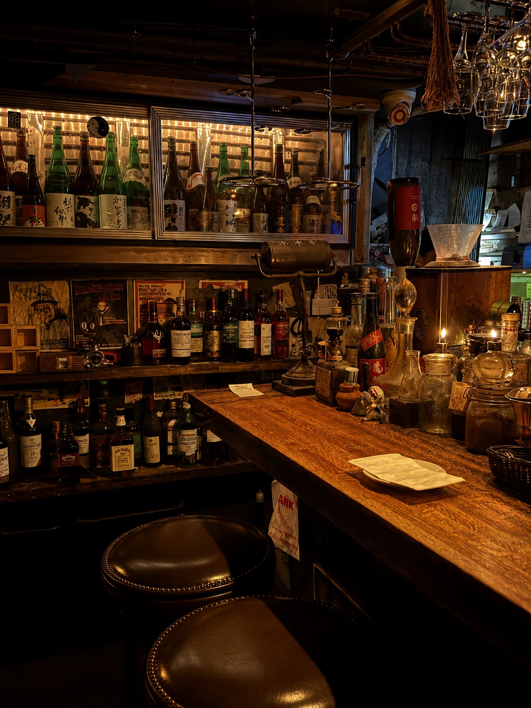 The bar at Tomi Jazz before the crowd — a worn wooden counter, two leather stools, and a wall of backlit sake bottles